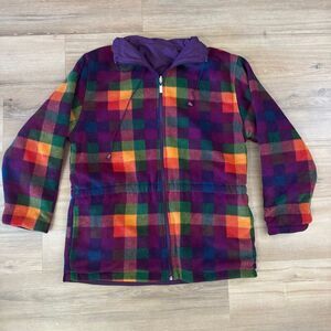 Vintage 90s Lavon Reversible Purple Rainbow Plaid Windbreaker Jacket Size M